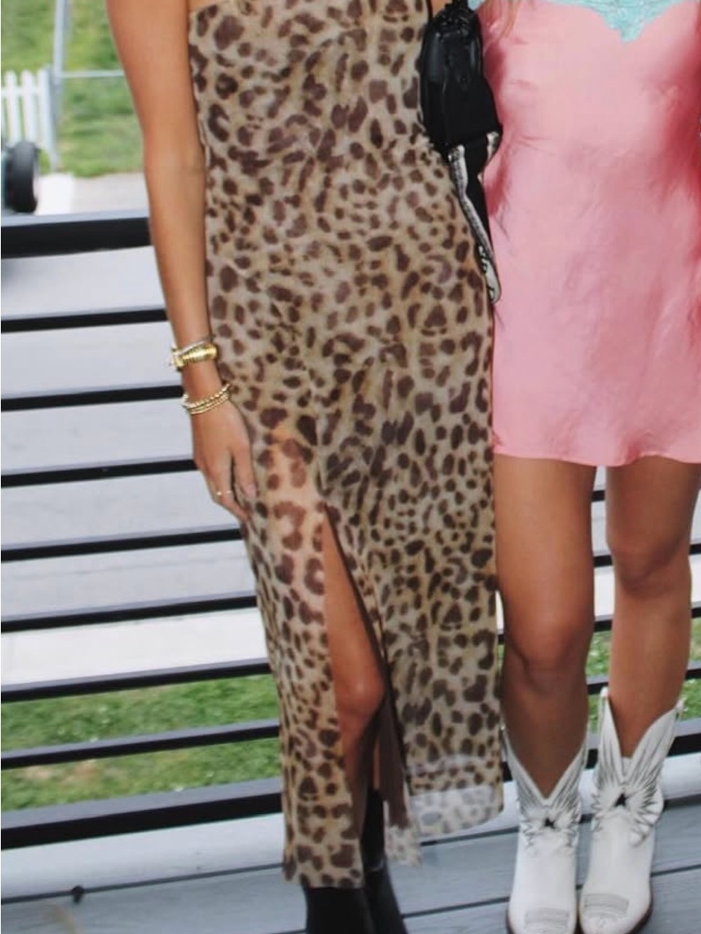 Leopard Print Slip Midi Dress with Side Slit - Brown